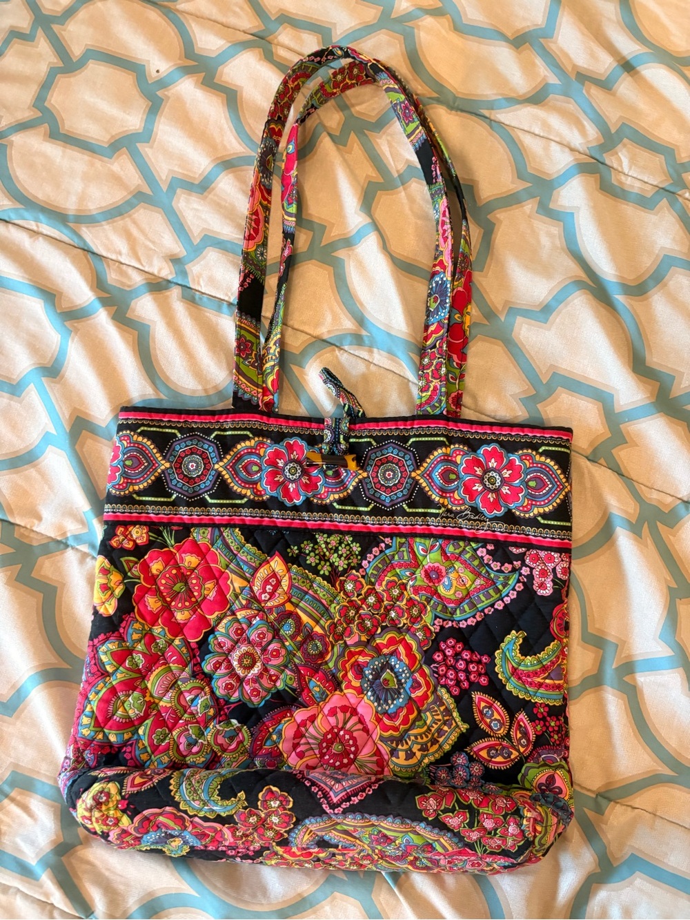 Vera Bradley Black Quilted Tote with Bright Floral Paisley Print